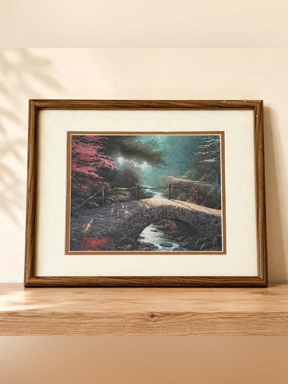 Vintage Framed Woodland Landscape Print Stone Bridge Cottagecore Wall Art